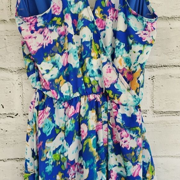 Lush Blue Floral Sleeveless Faux Wrap Dress - Picture 8 of 12